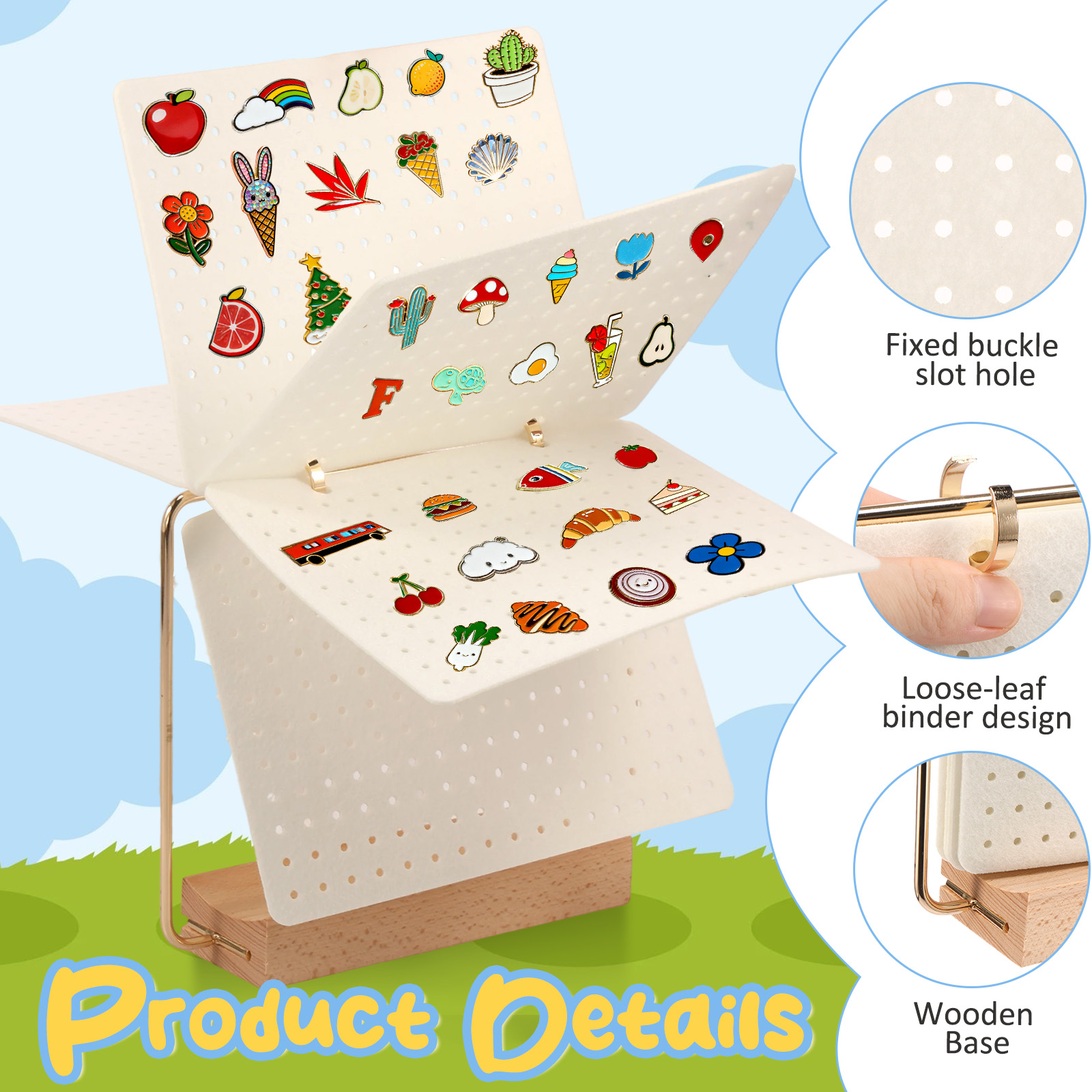 Pin Display Organizers Earring Hair Clip Flip-style Storage Holder Brooch Badge Collection Calendar Wooden Stand with 6 Pages