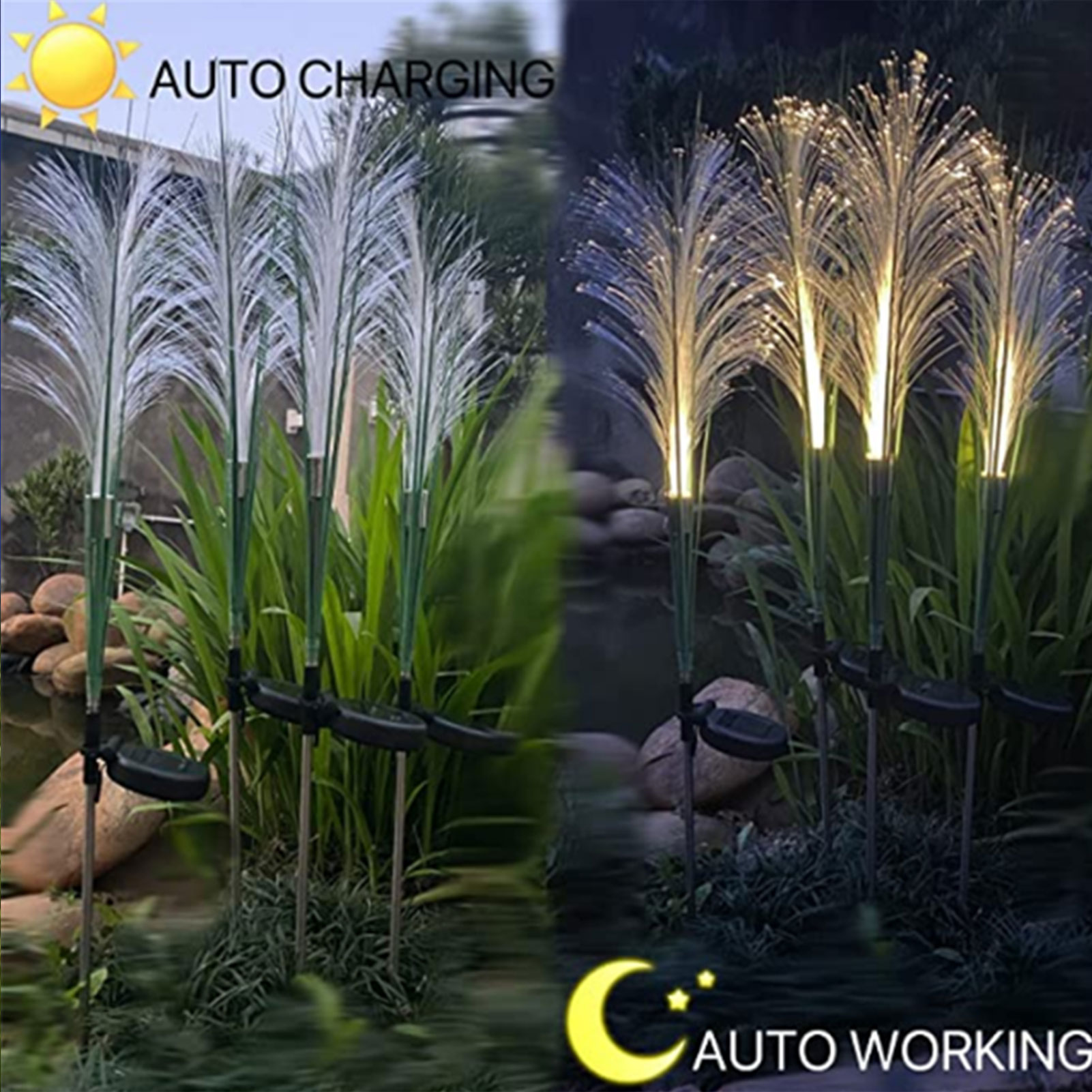 Luces solares de caña para jardín, luz de fibra para exteriores, lámpara de jardín impermeable, lámparas de paisaje de simulación para decoración de Patio y hogar