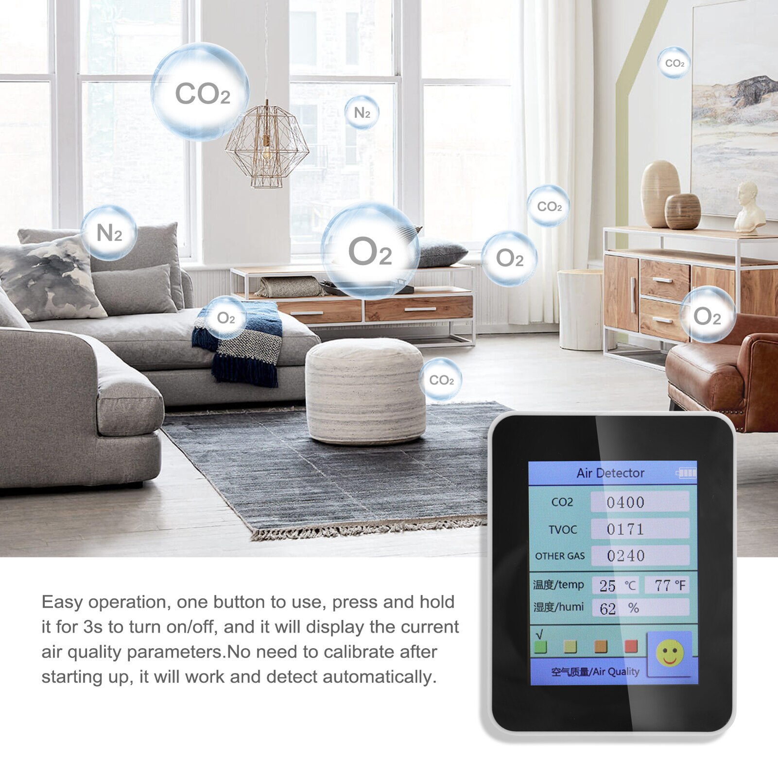 Co2 MeterSensor Air Detector CO2 Tester with Carbon Dioxide TVOC Value Electricity Quantity Temperature Humidity Display