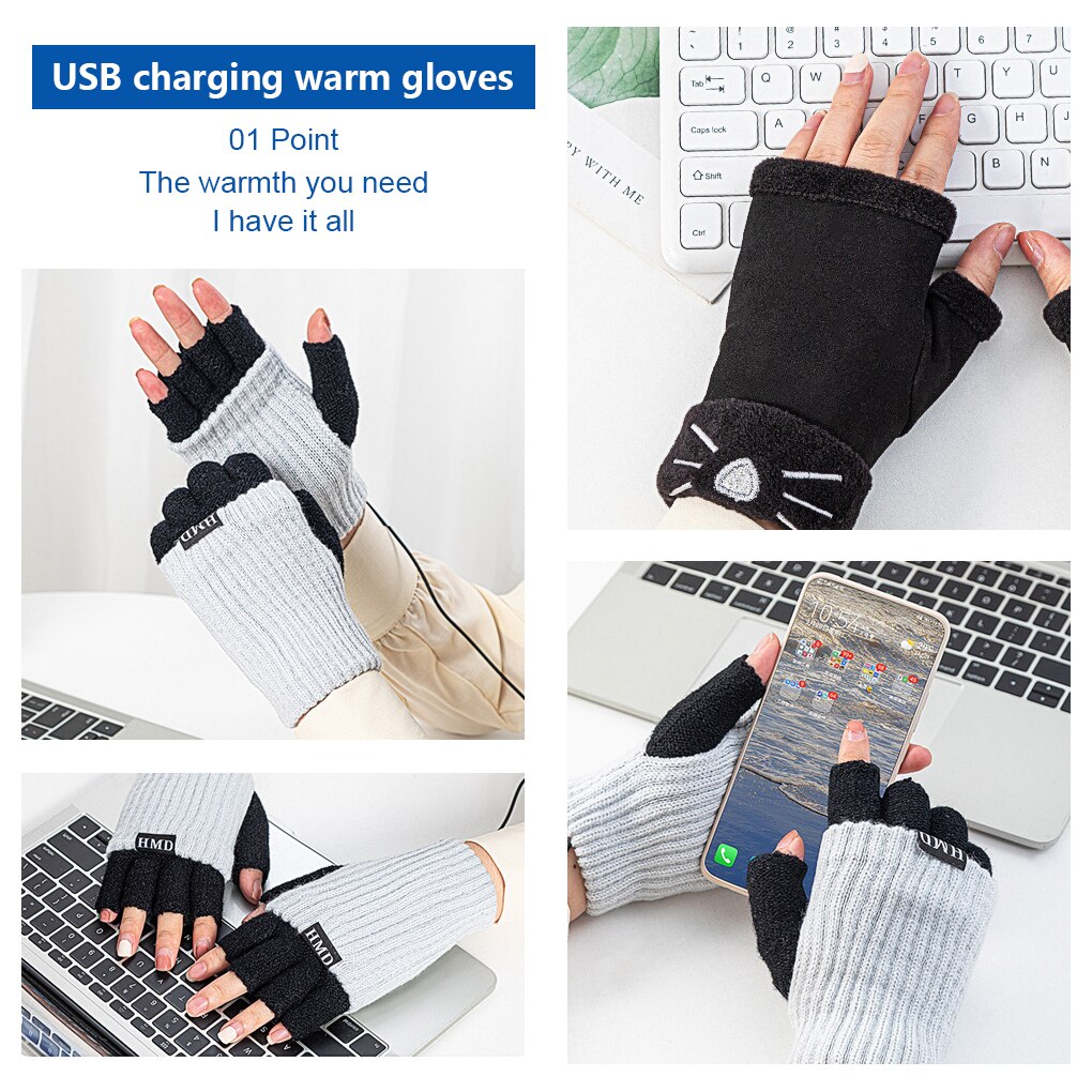 Fabric Fingerless Gloves Winter Men Women Electric Heating Hand Washable Office Mittens Hand Protector Dark Grey