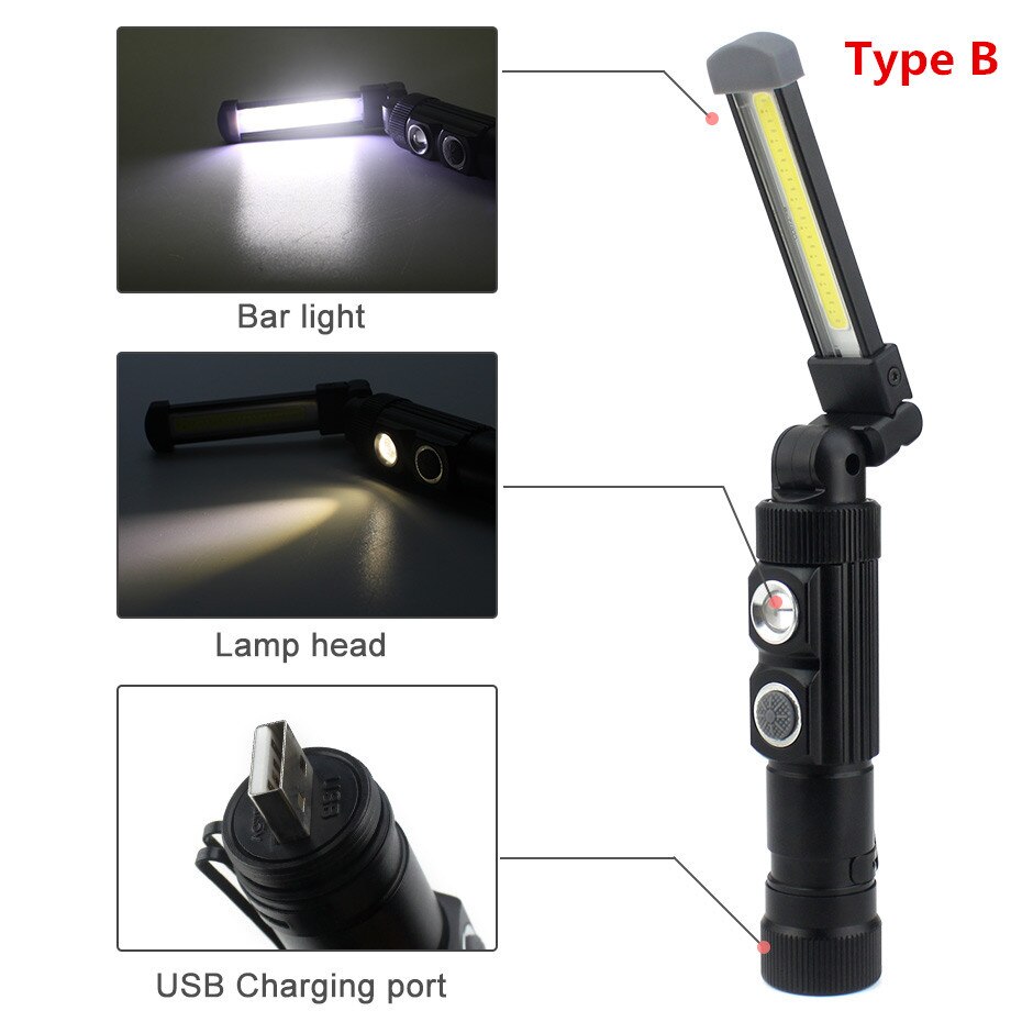 COB LED Work Inspection Light 5 modes USB Rechargeable Flashlight Magnetic Hanging LED Torch Lanterna Lamp Built in Battery