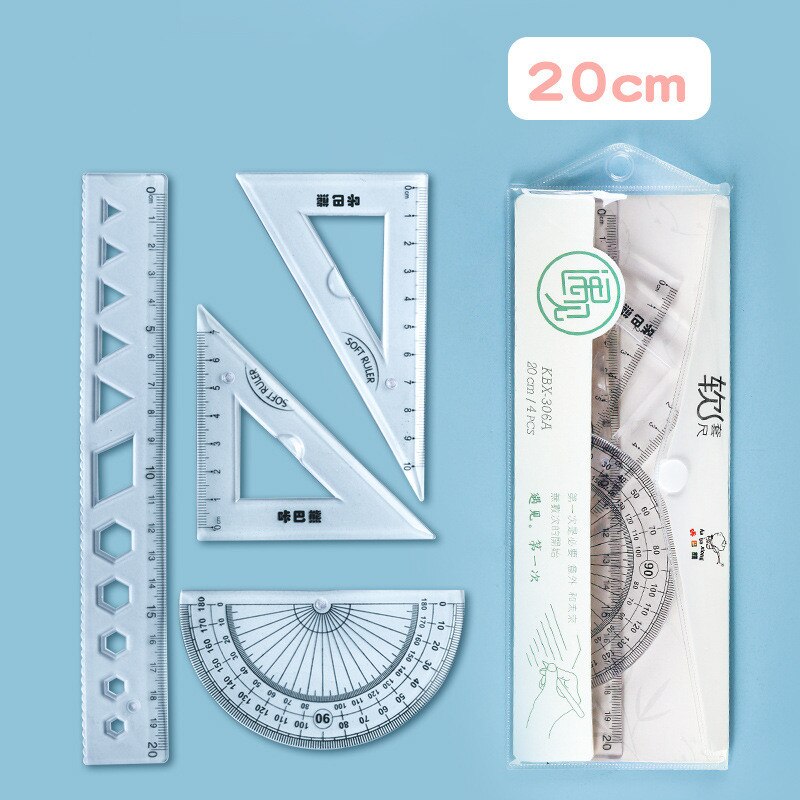 4pcs Combination Ruler Set Multifunctional Soft rubber Ruler student stationery set Children plastic ruler drawing tool: 20cm suit C2