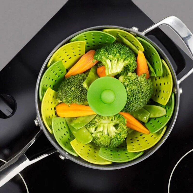 Kookgerei Plastic Stomen Voedsel Mand Mesh Siliconen Kraan Stoomboot Vouwen Voedsel Groente Vapor Fornuis Schotel Opvouwbare Stoomboot