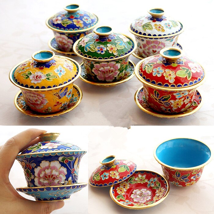 Beijing cloisonne blauwe kom drie stuk thee kom thee set thee cup featured decoratie 4 inch