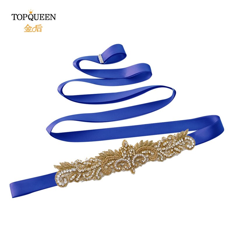 Topqueen  s375- g gull rhinestone midjebelte kvinner beaded bryllup belter india blonder brude sash belte gull belte for formell kjole: Kongeblå