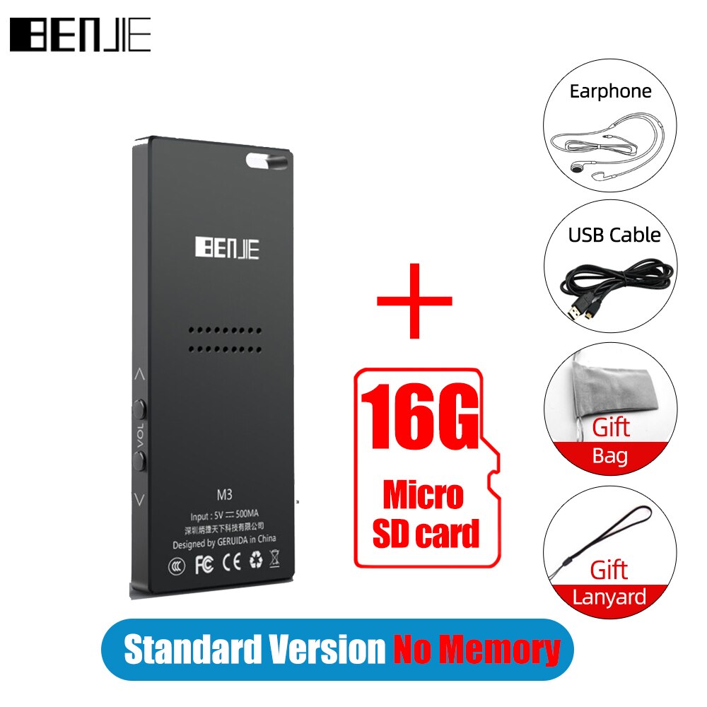 BENJIE-reproductor MP3 M3 sin pérdidas, Audio portátil HiFi, Bluetooth, Compatible con MP3 con altavoz incorporado, Radio FM, E-Book, Compatible con tarjeta TF: Add 16G TF Card