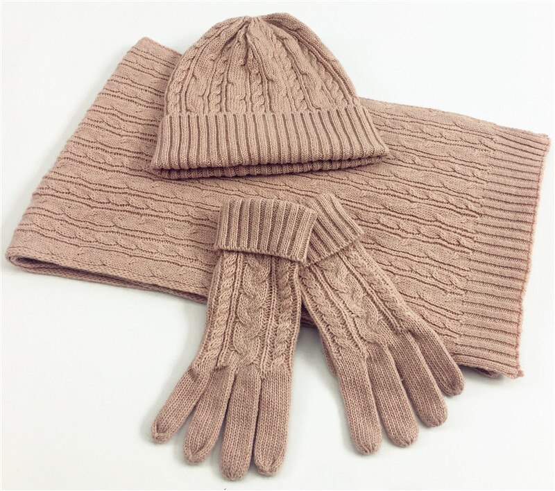 3 pcs Set Winter Knitted Hat Scarf Gloves for Women Beanie Ladies Knitted Scarves Women Winter Clothing Accessories Suit