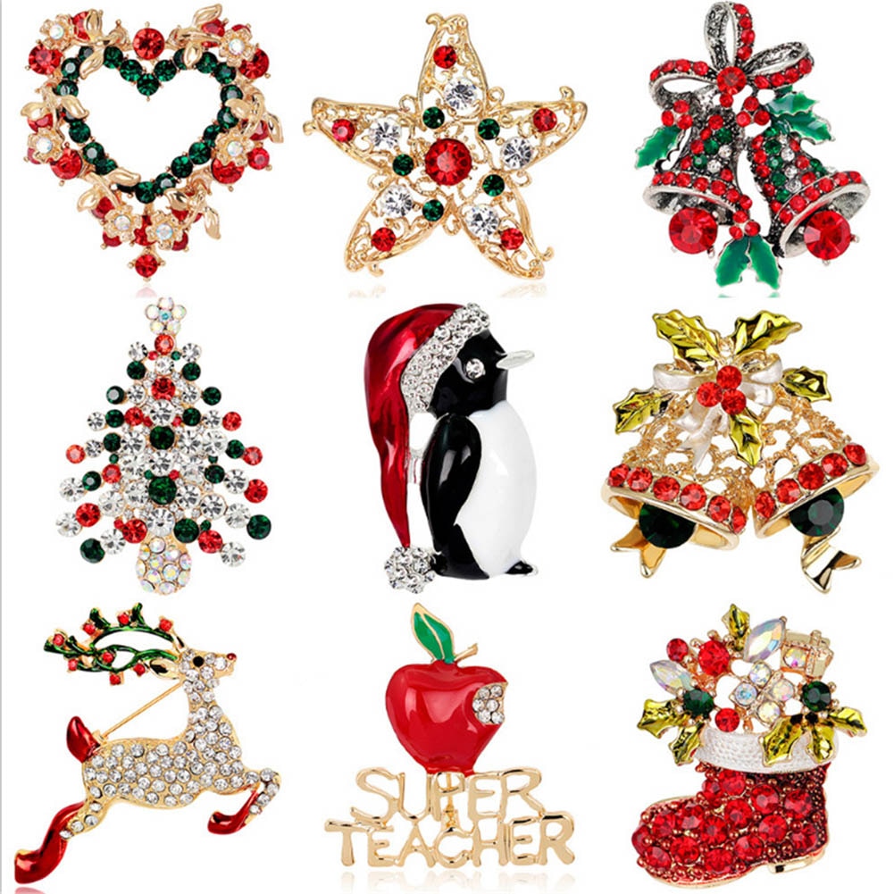 9 pçs do natal de cristal broches kit meninas bonito boneco de neve veados árvore pinguim meias pino emblemas de natal broche pinos moda jóias: 9 pcs