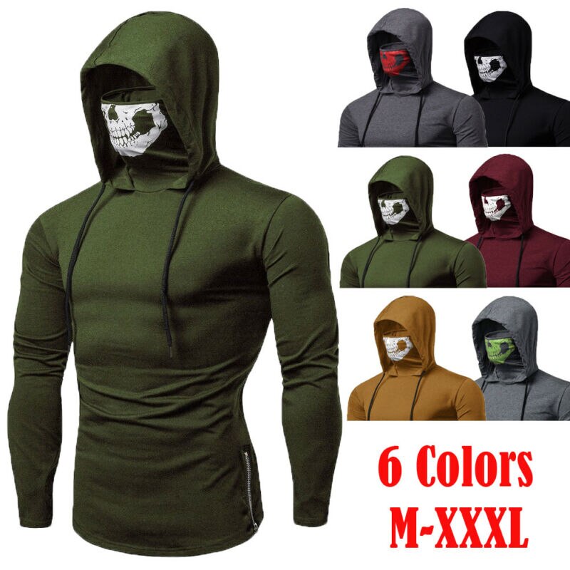 Brand Mens Casual Solid Color Mens Gym Sports Thin Hoodie Long Sleeve Hoodies With Mask Sweatshirt Casual T-Shirt