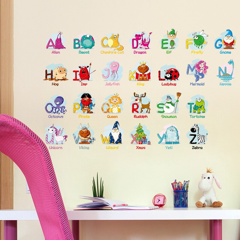 Cartoon Alfabet Muurstickers A-Z Engels Letters Home Decoratie Kinderen Kamers Home Vinyl Decor Kinderen Leren Muurstickers