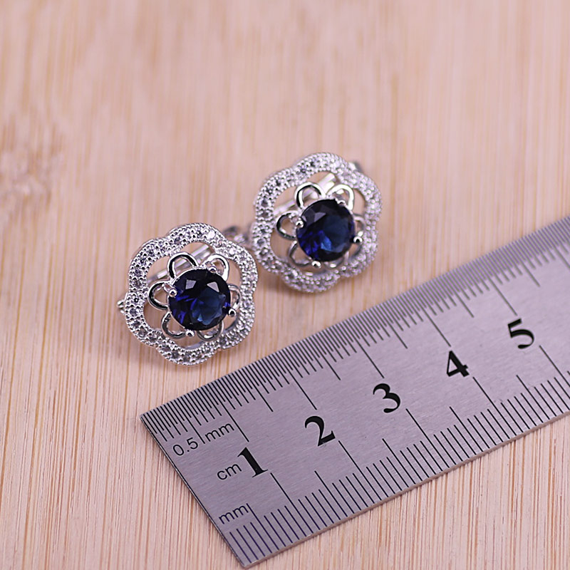 Brud silverfärgade smycken set blå zirconia sten örhängen för kvinnor bröllop smycken med ring hänge halsband set