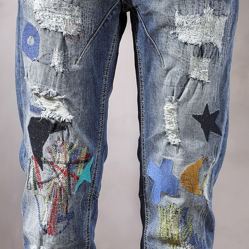 Moto i jeansy dla motocyklistów mężczyźni szczupły dopasowanie rozciągać niebieski biodro chmiel niejednolita całość sztucznie postarzane spodnie dżinsowe z dziurami dla mężczyzn wytarte dżinsy spodnie streetwear