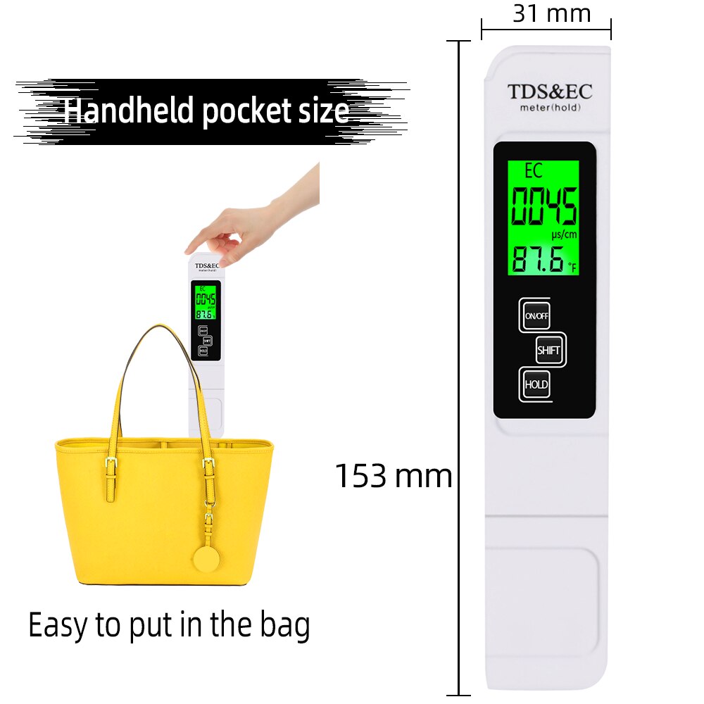 Portable TDS &amp; EC Temp Meter 3 In 1 TDS EC Meter Conductivity Water Measurement Tool with Backlight 0-9999 us/cm