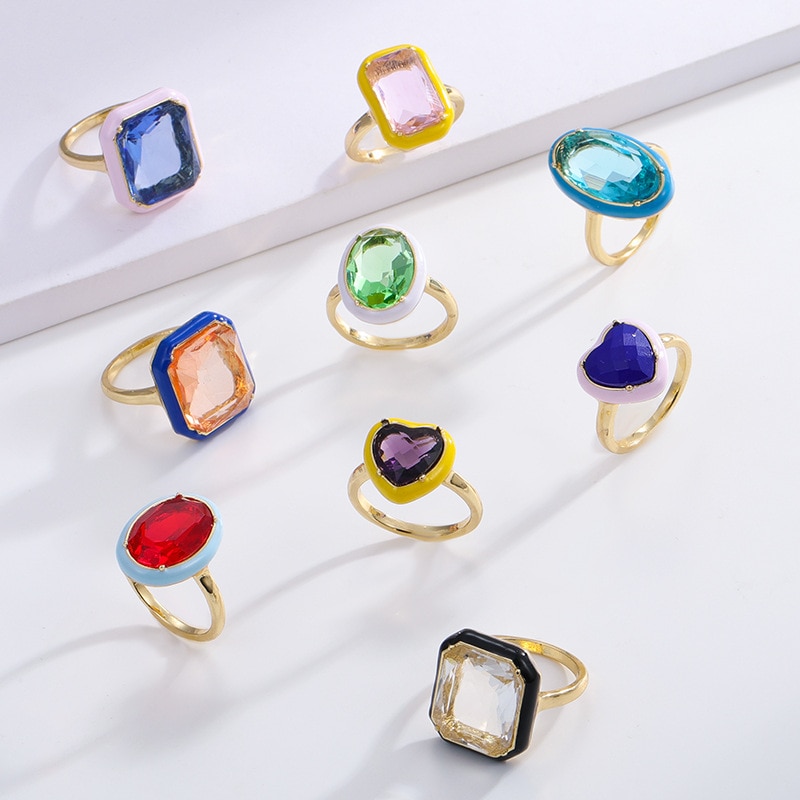 Onregelmatige Geometrische Vierkante Ronde Kleurrijke Crystal Rhinestone Zirkoon Druipend Olie Vinger Ring Voor Vrouwen Bruiloft Sieraden