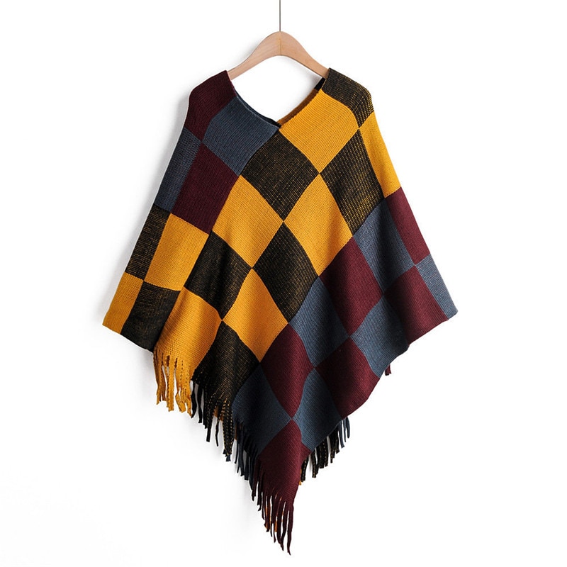 Artguy farge firkantet sjal skjerf gitter genser dusk uregelmessig v-hals gensere gensere poncho kvinner casual cape wrap topper: Gul lilla