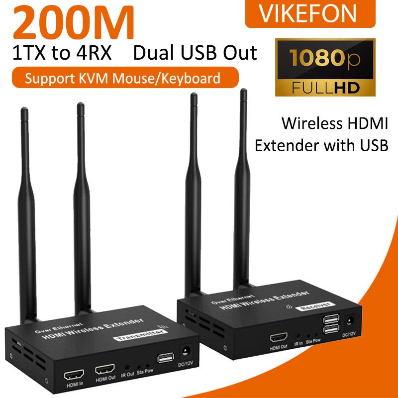 200m trådlösa hdmi-videosändare/mottagare-kit förlängningsadapter tv-dongel 1080p kvm loop-out ir för skärm, projektor, bärbara datorer