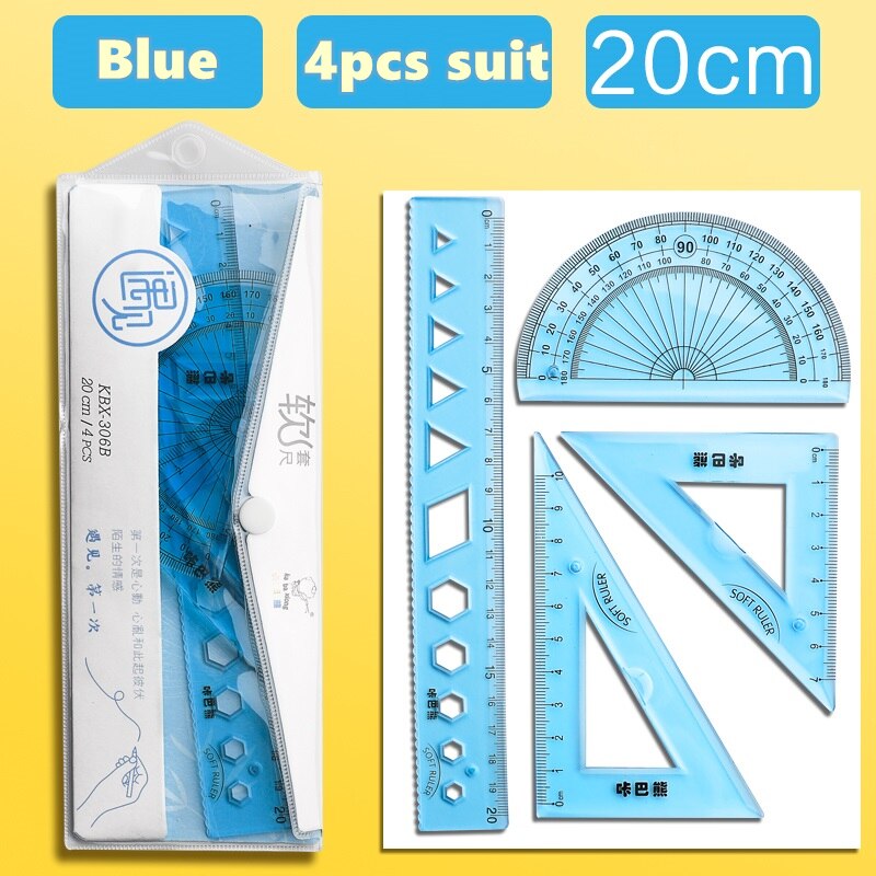4 sztuk miękka linijka garnitur 15cm 20cm elastyczne wyczyść skala prosto trójkątne linijki kątomierz miara rysunek szkolne A6712: niebieski 20cm