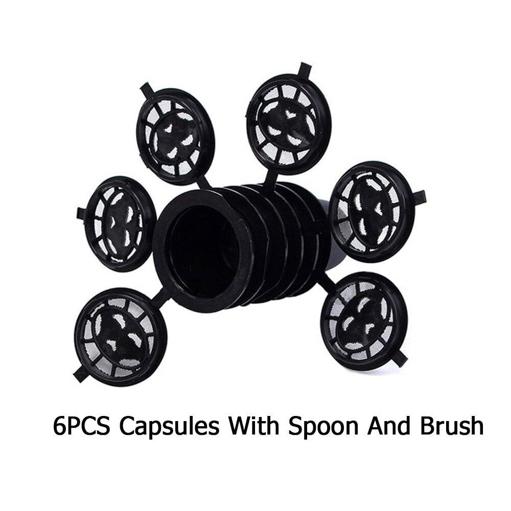 6 Stk/set Herbruikbare Nespresso Capsules Cup Met Lepel Borstel Zwart Navulbare Koffie Capsule Bijvullen Filter Coffeeware: 6 Capsules