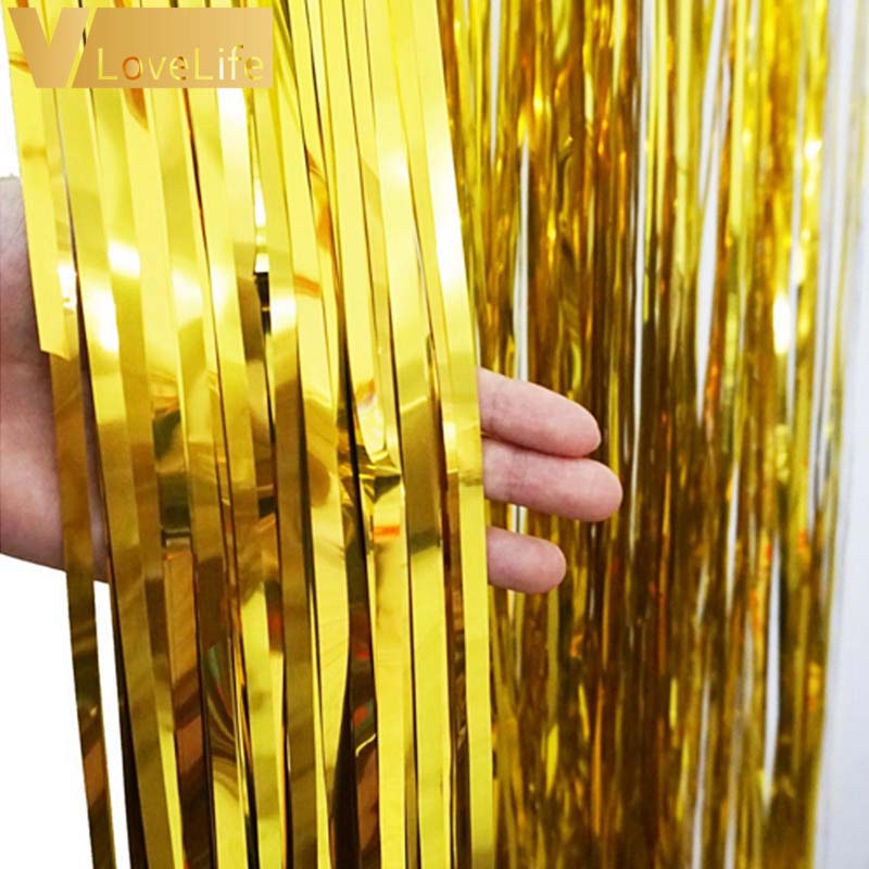 1M x 2 Meters Gold Foil Fringe Tinsel Curtain Tassel Garlands Wedding Photography Backdrop Birthday Party Decoration