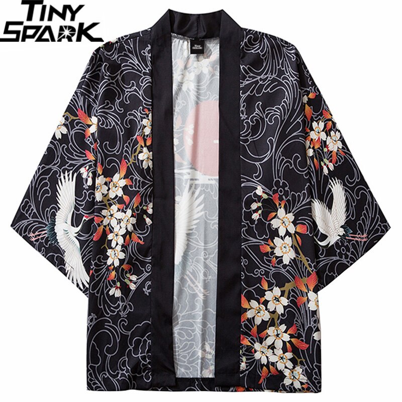 Japanese Kimono Jacket Floral Crane Harajuku Hip Hop Men Japan Clothing Kimono Streetwear Jacket Summer Thin Loose Style