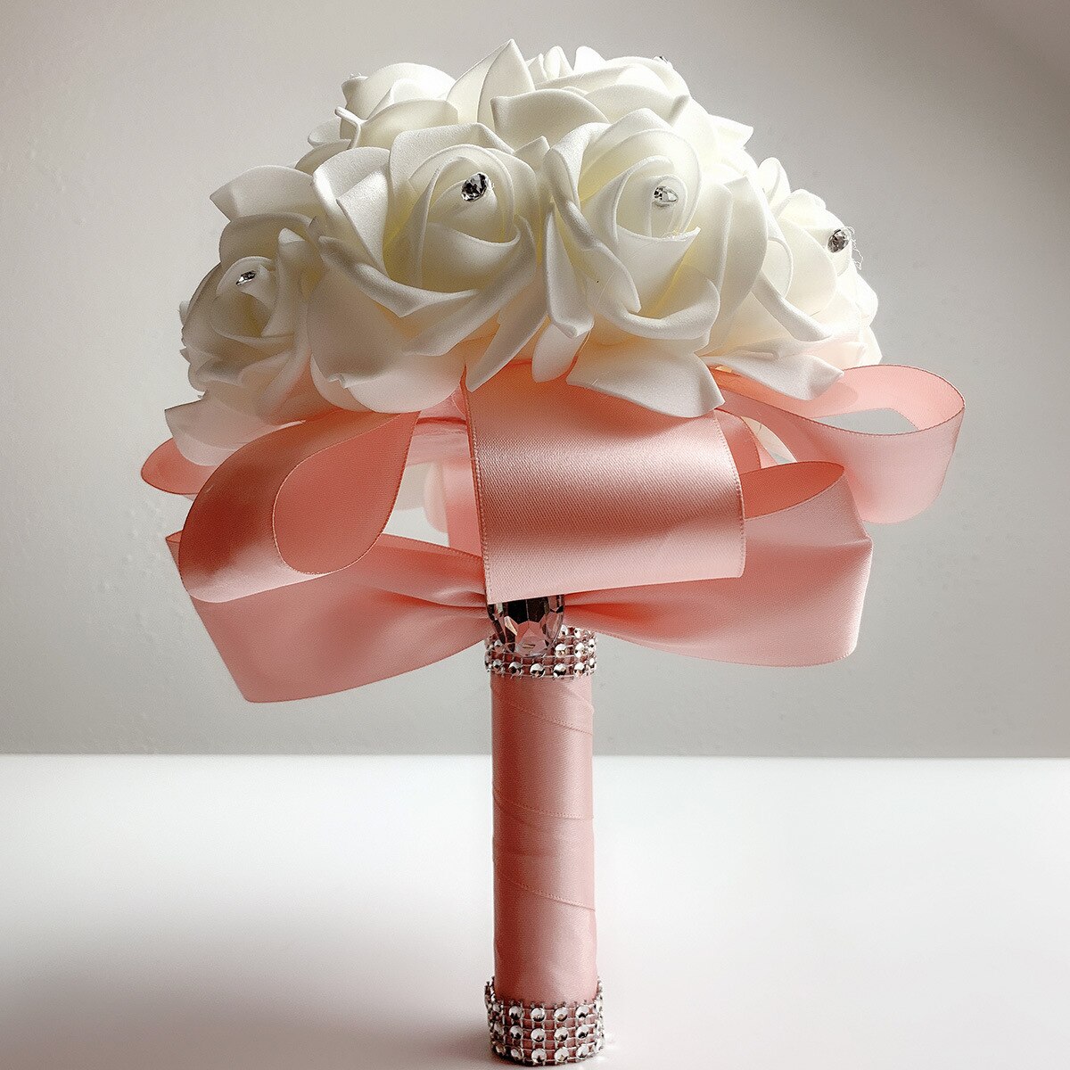 Beautiful White Ivory Bridal Bridesmaid Flower Wedding Bouquet Artificial Flower Rose Bouquet Crystal Bridal Bouquets: Bean Pink