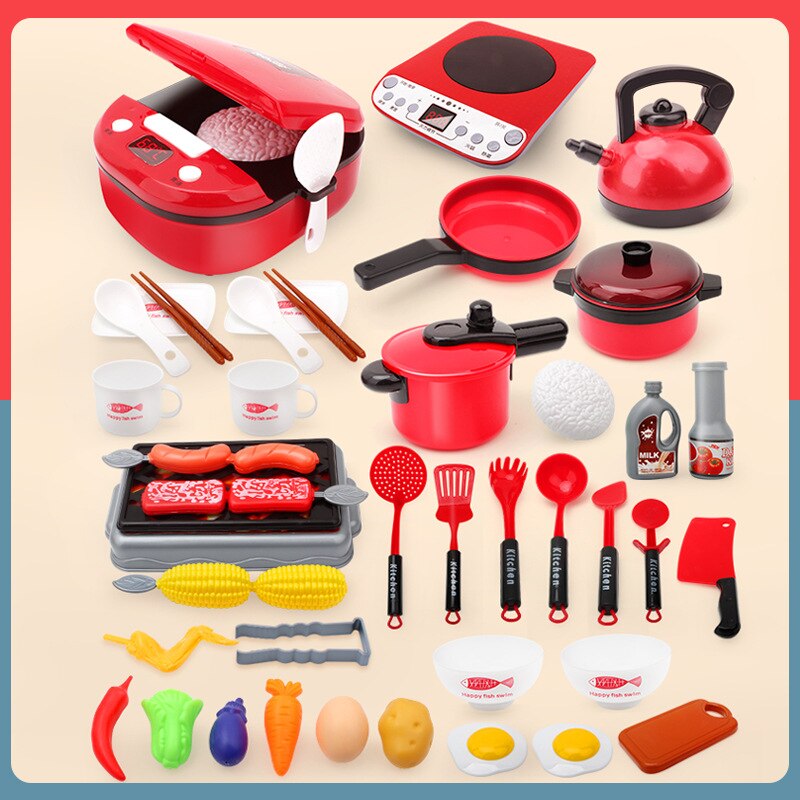 Children's Play House Kitchen Toy Simulation Kitchenware Set Baby Cooking Rice Cooker Cutting Fruit and Vegetable Toy for girls: 52pcs Red