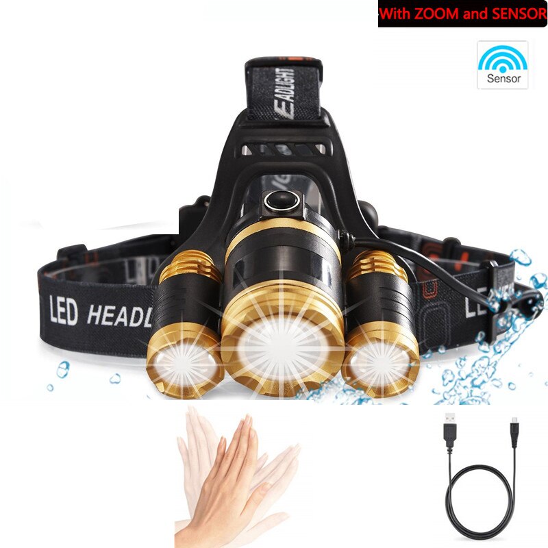 6000 Lumen 3 Leds Koplamp Vissen Koplamp T6 4Modes Draagbare Zoomable Waterdichte Headtorch Camping Wandelen Met Usb-kabel: Package A