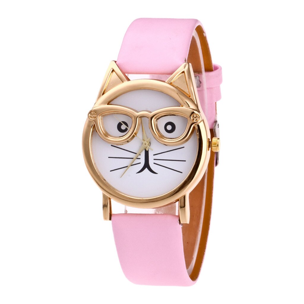Casual Lovely Cat With Glasses Strap Dial Women's Quartz Watch часы женские horloge dames zegarki damskie: Pink 