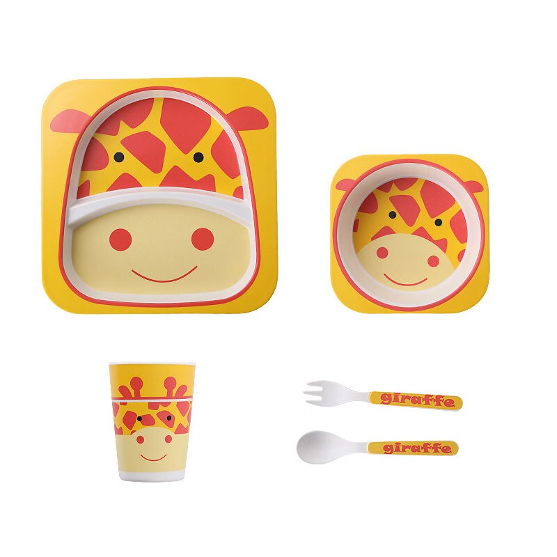5pcs/set Animal Zoo Baby Plate Bow Cup Forks Dinnerware Feeding Set 100% Bamboo Fiber Baby Children Tableware Set: giraffe