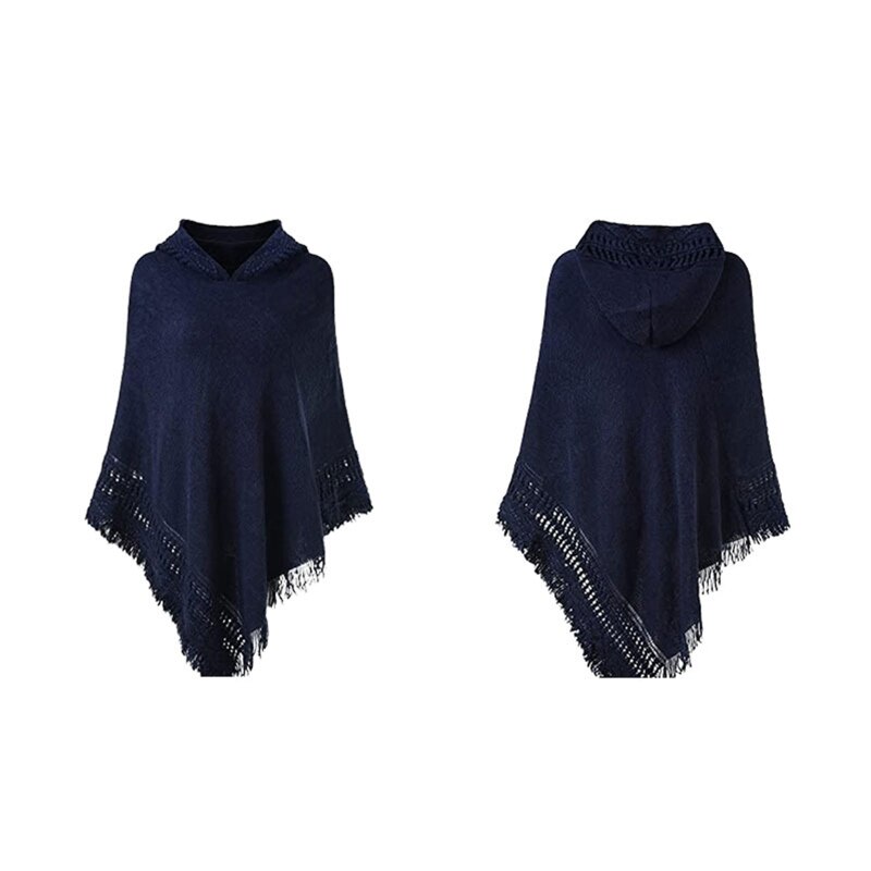 Femmes hiver tricot à capuche Poncho Cape Crochet frangé gland châle Wrap pull M89E