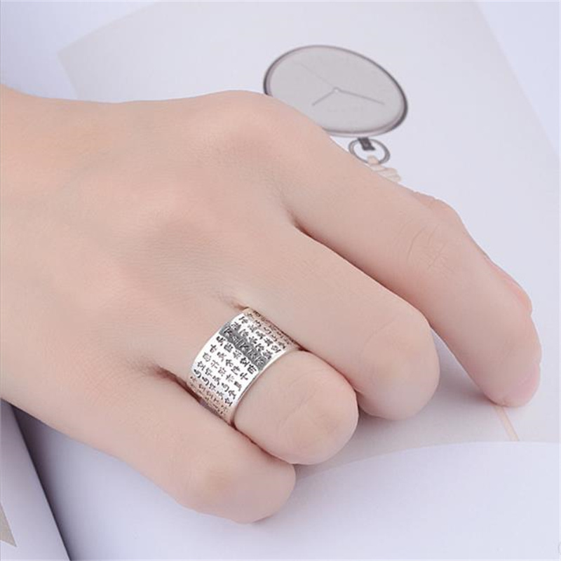 Fashion S925 anello in argento da uomo gioielli benedizione cuore buddista Sutra anello di testo completo accessori per dita maschili dimensioni apribili