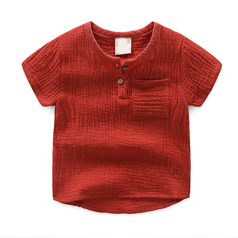 Chemise Vintage à manches courtes pour enfants, vêtements pour garçons, en coton et en lin, avec boutons, de poche, été