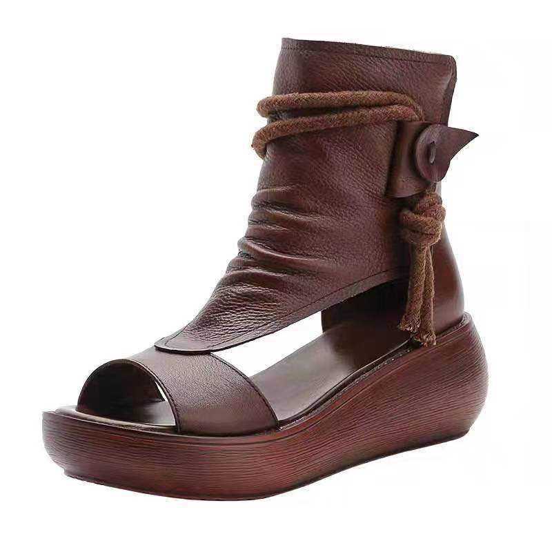 Sandales en cuir confortables pour femmes, bottes Cool à plate-forme, chaussures d'extérieur à la , semelles compensées, augmente la hauteur, chaussures à bout ouvert, été, 2022: Dark Brown / 39