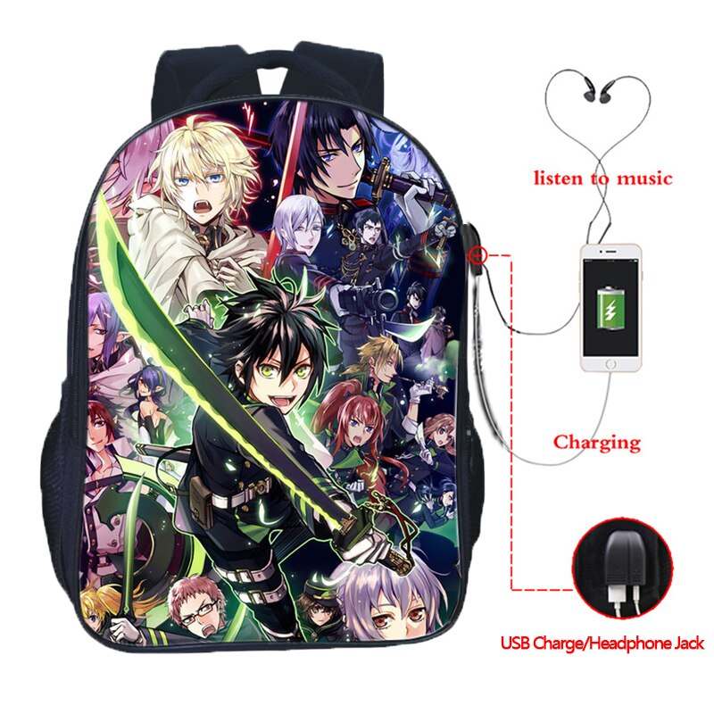 Top Seraph of the End USB Charge School Rucksack Boys Girls School Bag USB Charging Laptop Backpack: 6