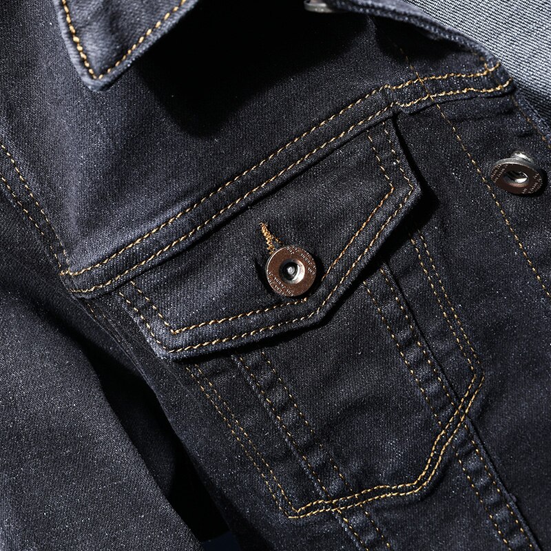 Efterår klassisk stil herre sort elasticitet denim jakke afslappet bomuld jeans frakke mandligt mærke tøj
