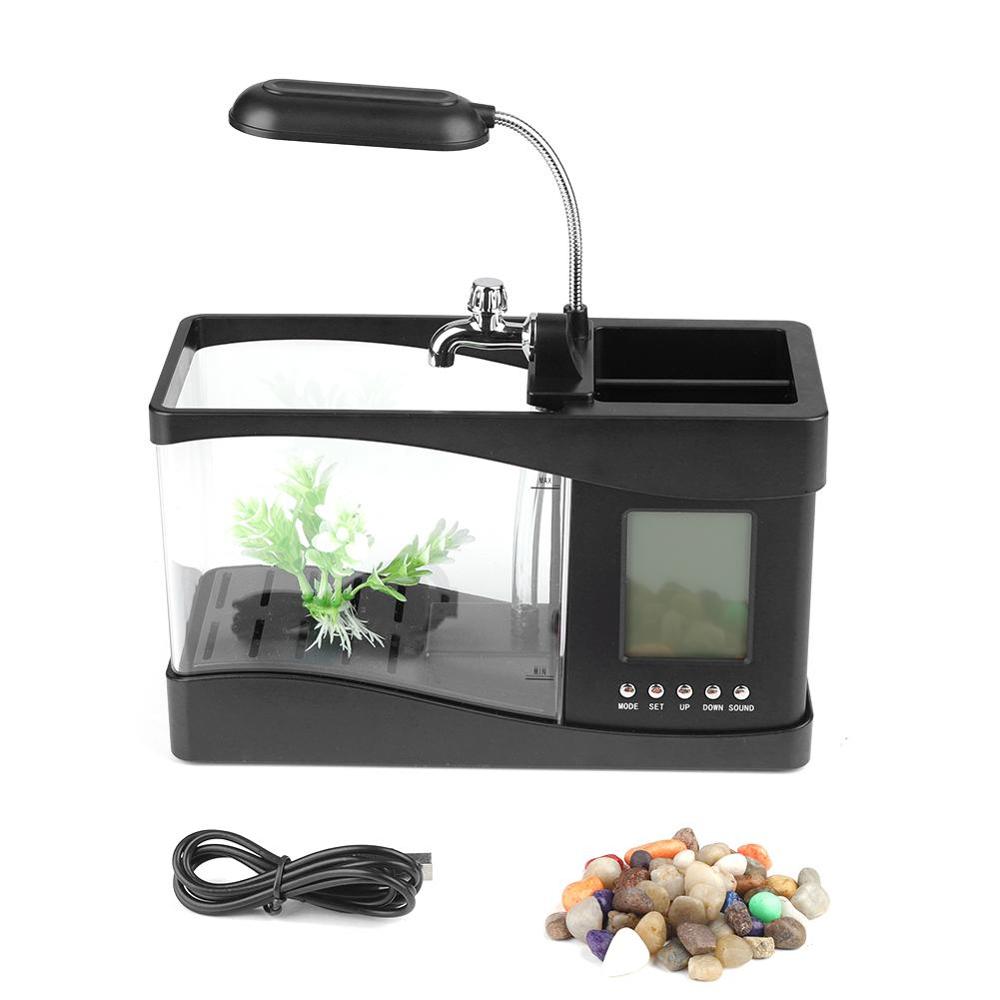 Mini akvarium fisk tank usb skrivbord akvarium med led ljus lcd skärm och klocka fisk tank dekoration med småsten: Svart