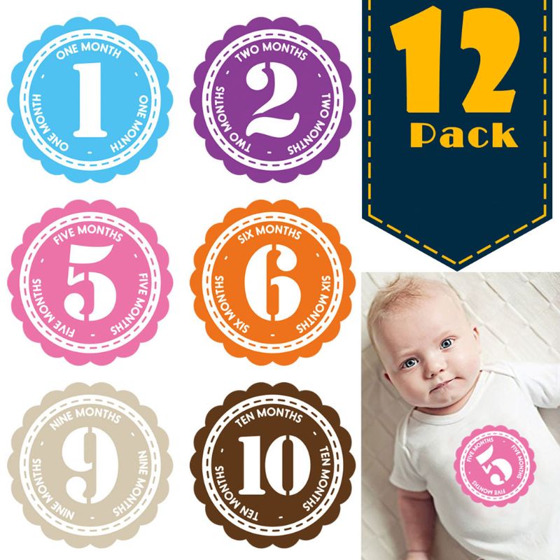 Pegatinas para el vientre del primer año, pegatinas para el logro mensual del bebé, álbum para el crecimiento del bebé de 1-12 meses para los recuerdos de fotos (12 pegatinas)