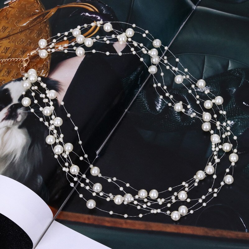 Romantic White Multi-layer Necklace Gypsophila Pearl Fishing Line Clavicle Chain Torques Necklace Wedding Jewelry