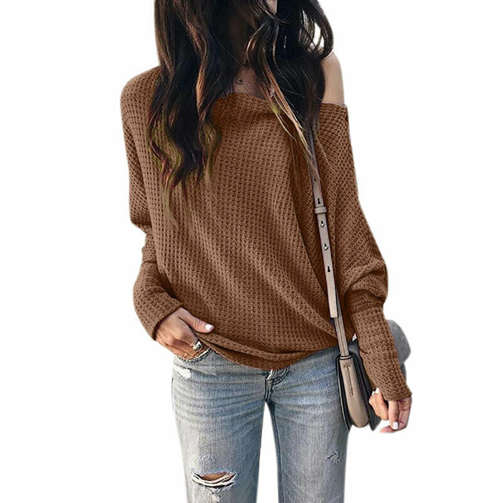Women Solid Skew Collar Sweater Soft Lantern Sleev... - Grandado