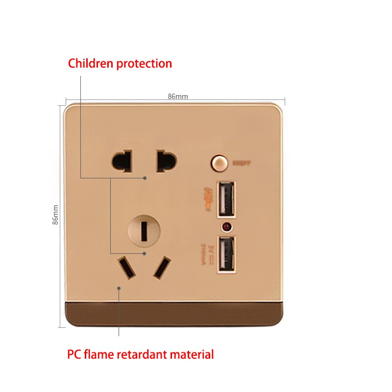 China ccc Standard Wall socket,86 Style Plug adapter Outlet,Flame retardant PC, Five hole two usb Socket,AC 220-250v