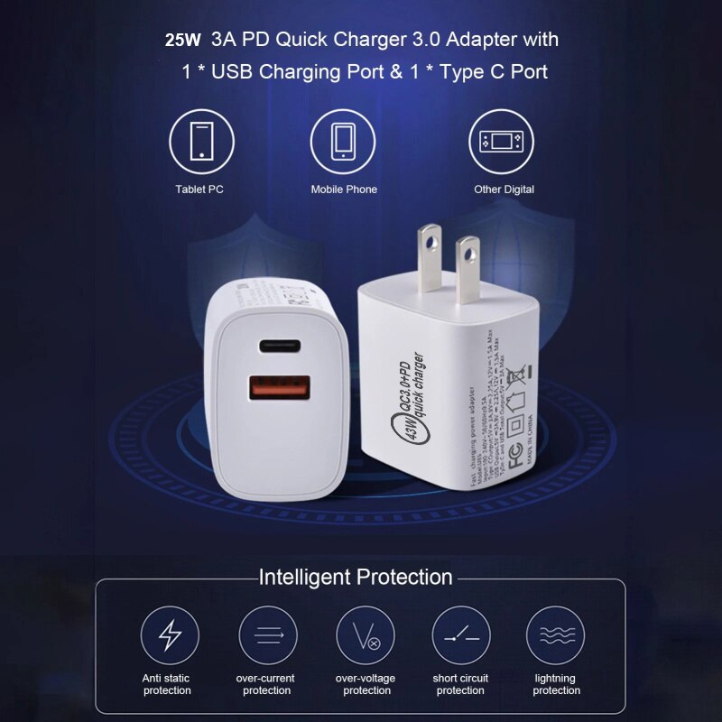 PD Charger 43W QC3.0 Quick Charge3.0 USB Type C Fast Charger for iPhone 13 Pro Max 12 11 Xiaomi HUAWEI Samsung Phone UK/AU/EU/US