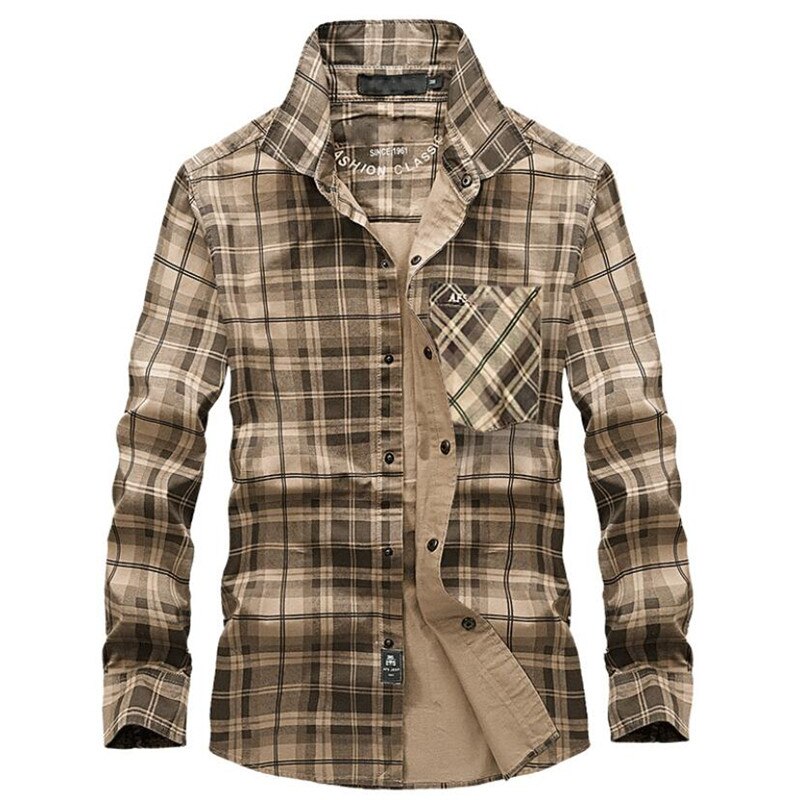Märke casual fleeceskjortor män vinter flanell tjocka varma rutiga skjortor bomull långärmade affärsskjortor chemise homme: Khaki tunn / Xxxl