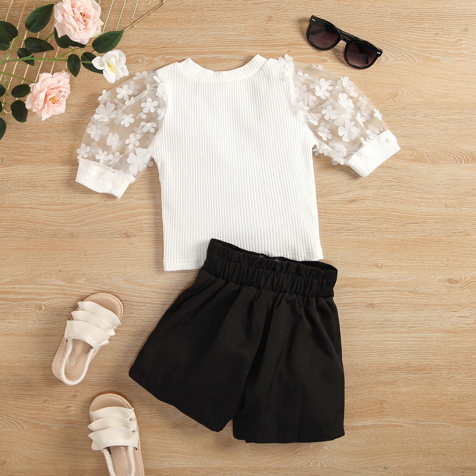2-7Y Mode Peuter Baby Meisjes Kleding Sets Mesh Korte Mouw Ronde Hals Bloemen Kant Blouse Tops Casual Shorts 2 Stuks