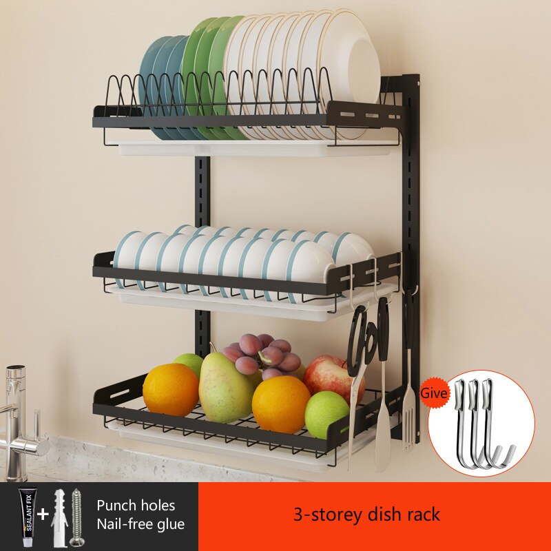 High Black Stainless Steel Dish Rack Wall Hanging Bowl Plate Rack Drain Shelf Free-punching Kitchen Storage Organizer