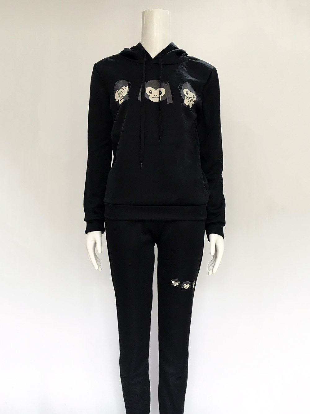 Monkey Hooded cute Suit Set Women Tracksuit Two-piece Sport Style Outfit Jogging Sweatshirt Fitness Lounge Sportwear: Black / M