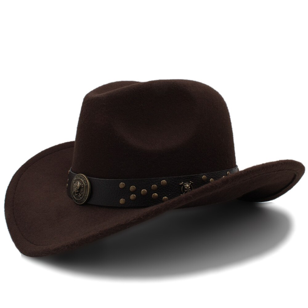 Klassisk kvinder uld chapeu western cowboy hat vinter efterår dame dronning jazz cowgirl sombrero hombre steampunk cap størrelse 56-58cm: Kaffe