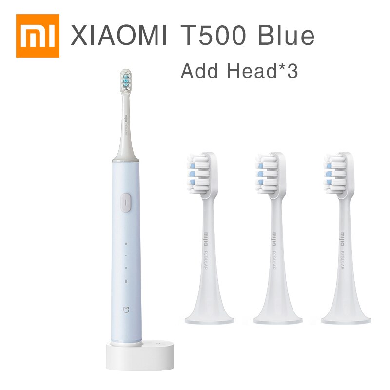 XIAOMI MIJIA T500 Electric Toothbrush Whitening Teeth vibrator Wireless Oral Smart Sonic Brush Ultrasonic Hygiene Cleaner: Blue add Heads x3