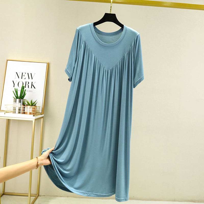 Summer Nightgowns Women Large Size Loose Long Casual Homewear Sleepwear Dresses Female Short Sleeve Modal Nightdress Women 130KG: XL / SKY BLUE