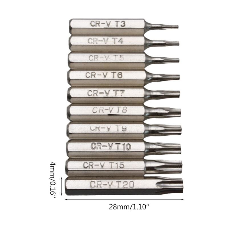 Set van 10 stuks cr-v torx schroevendraaierbits,  t3 t4 t5 t6 t7 t8 t9 t10 t15 t20 mobiele reparatiebits met pruimenbloesemkop.