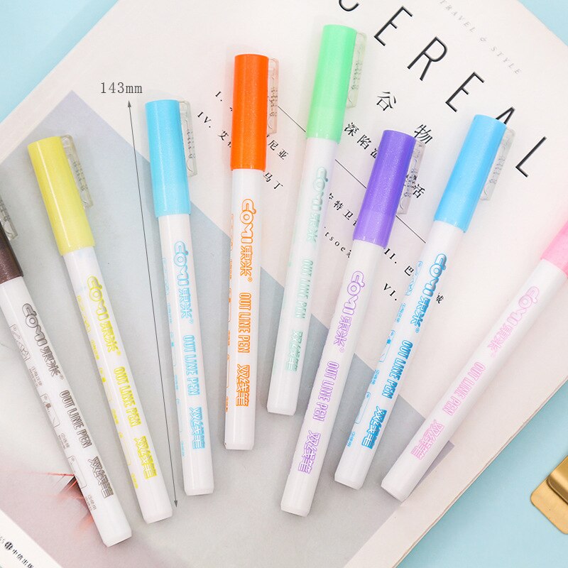 8 stk/sæt dobbelt streger kunst tuscher pen farvet tegning scrapbog fine liners kalligrafi bogstaver highlighter farve penne